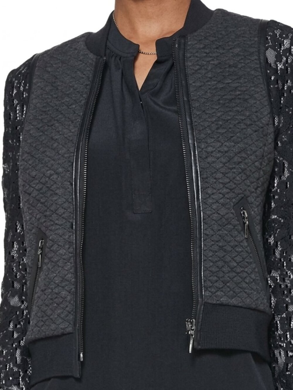 REBECCA TAYLOR Solid Black Quilted Bomber Vest Faux Leather Lace Trim Full Zip